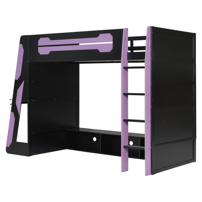 Twin Size Gaming Loft Bed with Desk and RGB LED Light, Wooden Loft Bed Frame with Workstation and Storage Shelves for Bedroom, Dorm Room