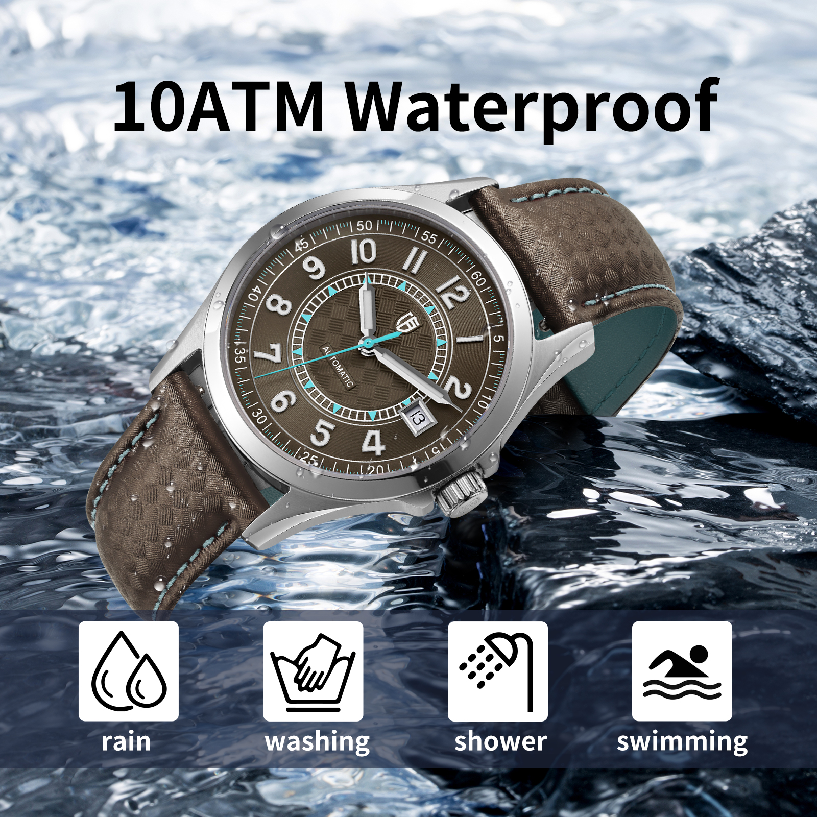 BERNY Men's Automatic Watch, Leather Strap Mechanical Watch with Date, Super Luminous, Sapphire Crystal, 10ATM Waterproof, Fashion Casual Wristwatch for Men (Blue)
