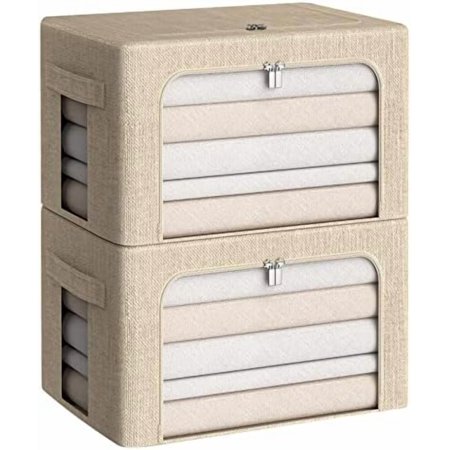 Clothes Storage Bins Box - Linen Fabric Foldable Stackable Container Organizer Set with Clear Window & Carry Handles & Metal Frame for Bedding Blankets Books (Beige Medium-36L)