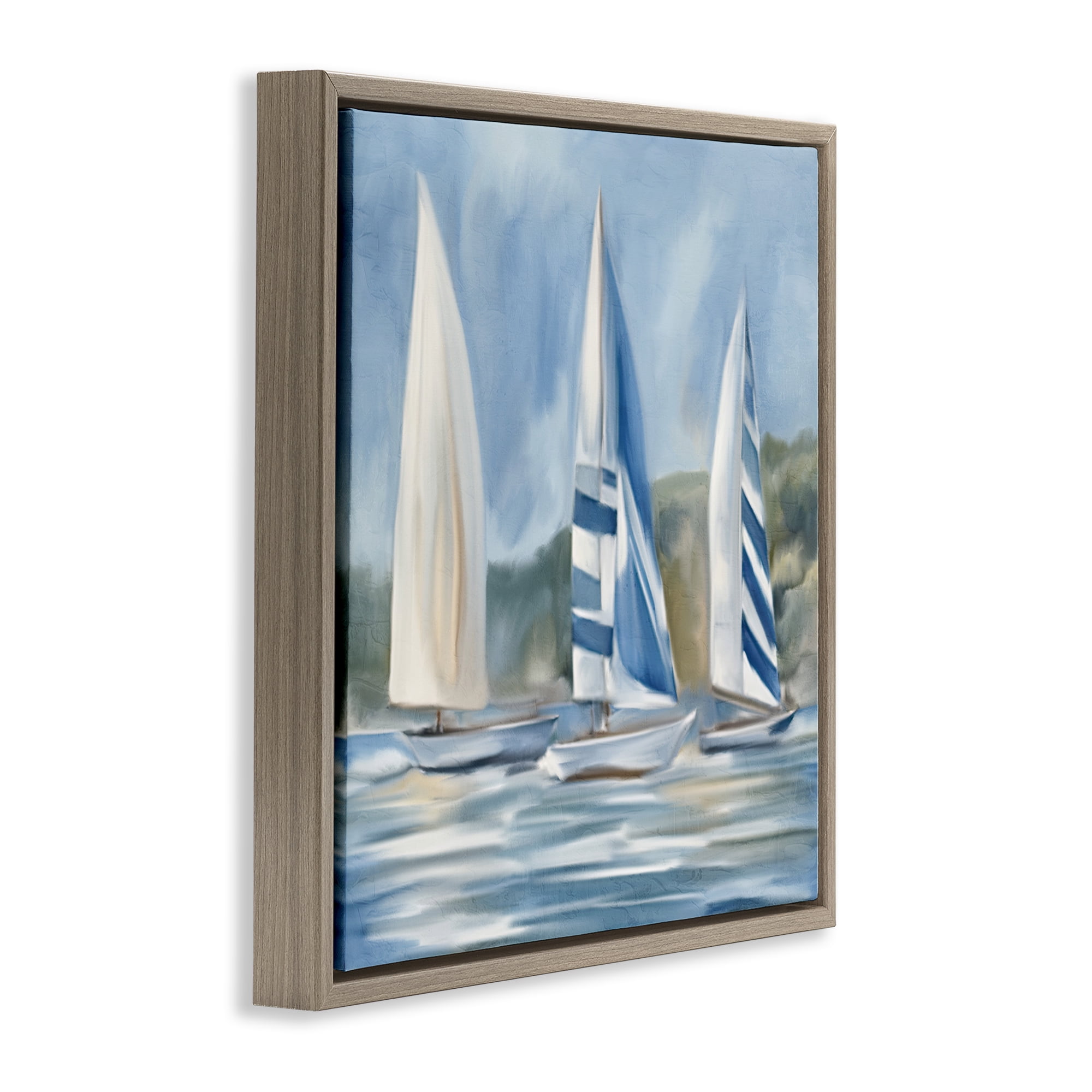 Stupell Industries Sailboat Trio Drifting Coastal Painting Brown Floater Framed Canvas Art Print Wall Art, 18 x 18