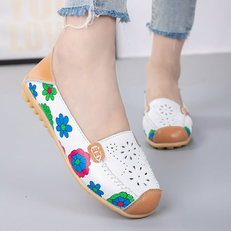 EQWLJWE Women s Comfortable Leather Hollow Printed Flat Casual Loafers Single Shoes Women s Flat Shoes Holiday Clearance