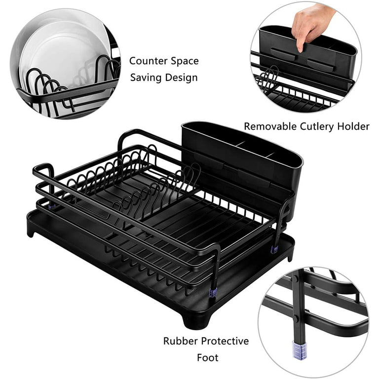 HBlife Aluminum Dish Drying Rack, Never Rust Sink Dish Drying Rack with  Utensil Holder, Removable Plastic Drainer Tray with Adjustable Swivel Spout