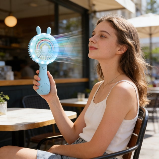 SSZMDLB Rabbit Shaped Handheld Fan, USB Rechargeable LED Fan with Three-Speed Adjustment, Adjustable Angle Desktop Fan for Home Office Travel, Portable Mini Cooling Fan
