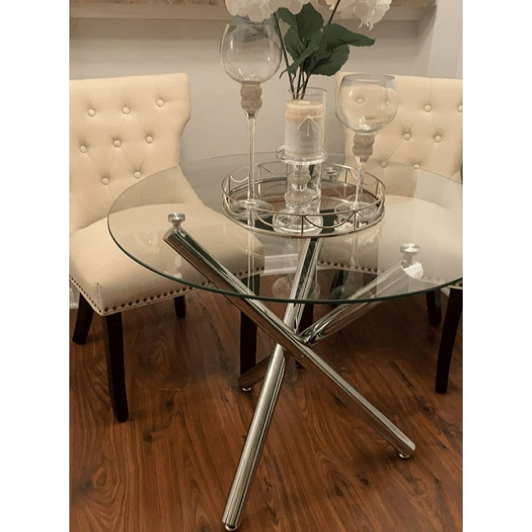 Dining Table Round Glass Top Table Clear Chrome Metal Stainless
