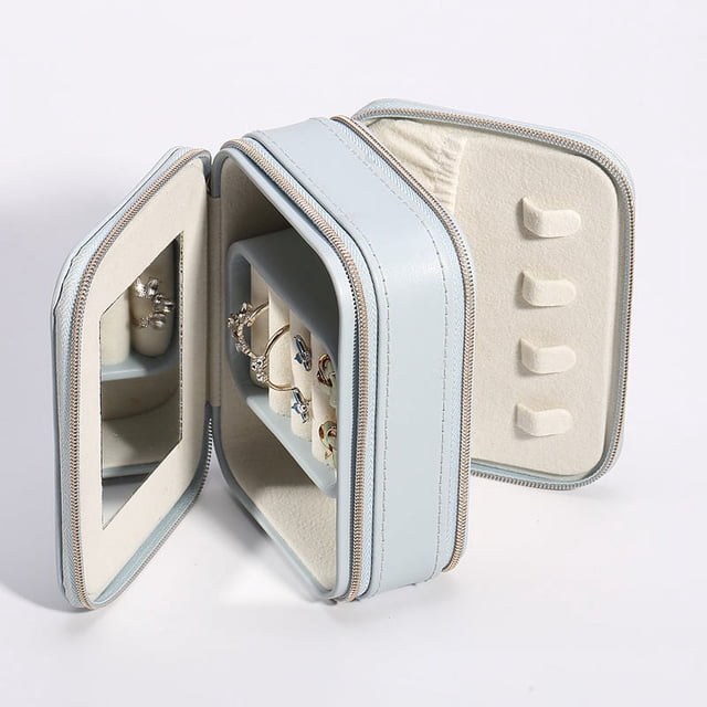 Korean-Inspired Cute Double-Layer Travel Jewelry Organizer: Portable Mini Mirror Storage Case for Earrings, Rings, and Accessories - Lightweight, Durable, Compact Design (Blue)