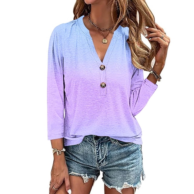 AOOCHASLIY Ladies' Clothes Clearances Womens 3/4 Sleeve V Neck Buttons Tee Gradient Color Blouse Loose Fit Tshirts Fall Tunic