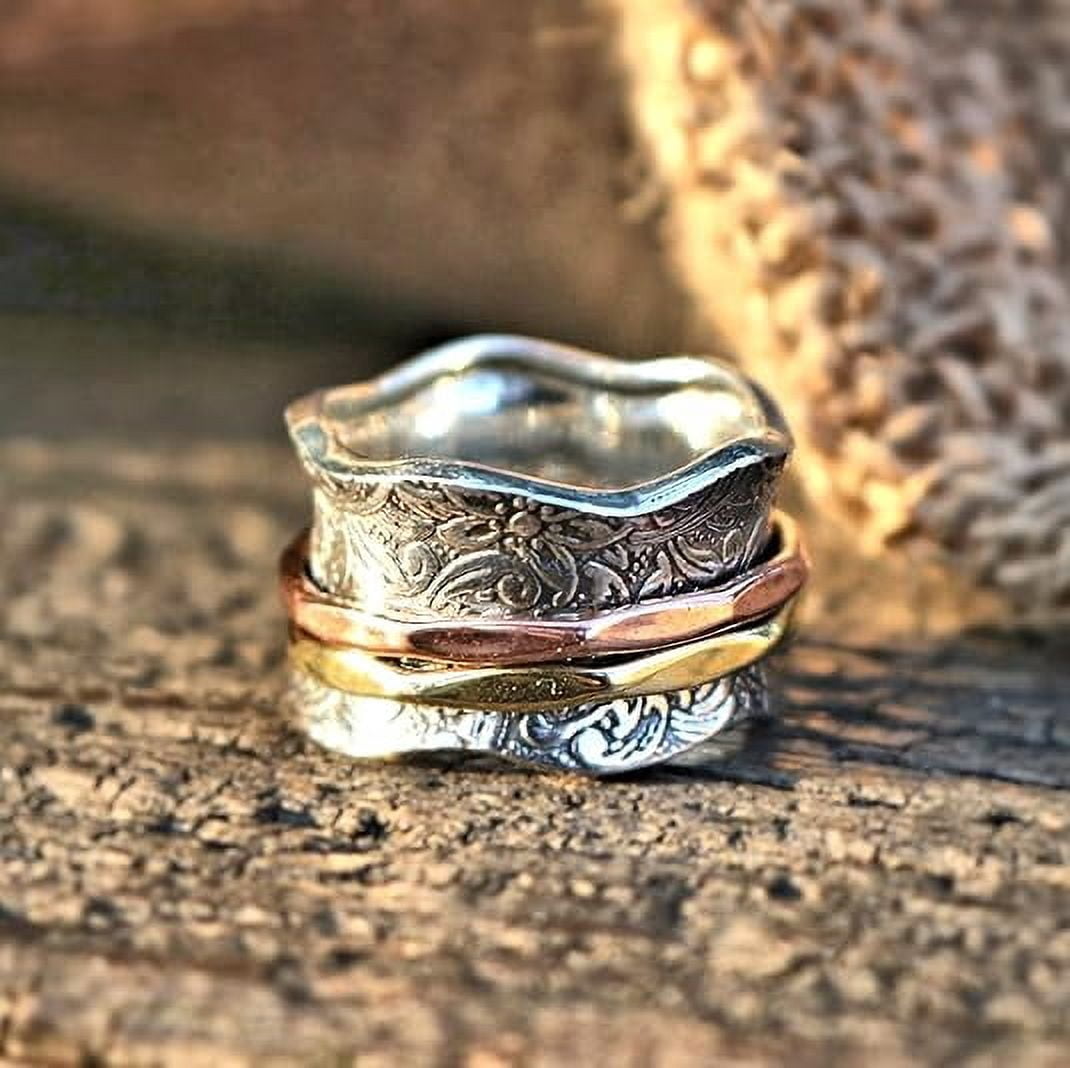 SS DESIGNS- 925 Fidget Spinner Ring for Women, Floral Pattern Meditation Ring with Brass & Copper Spinners, Handmade Anxiety Relief Jewelry