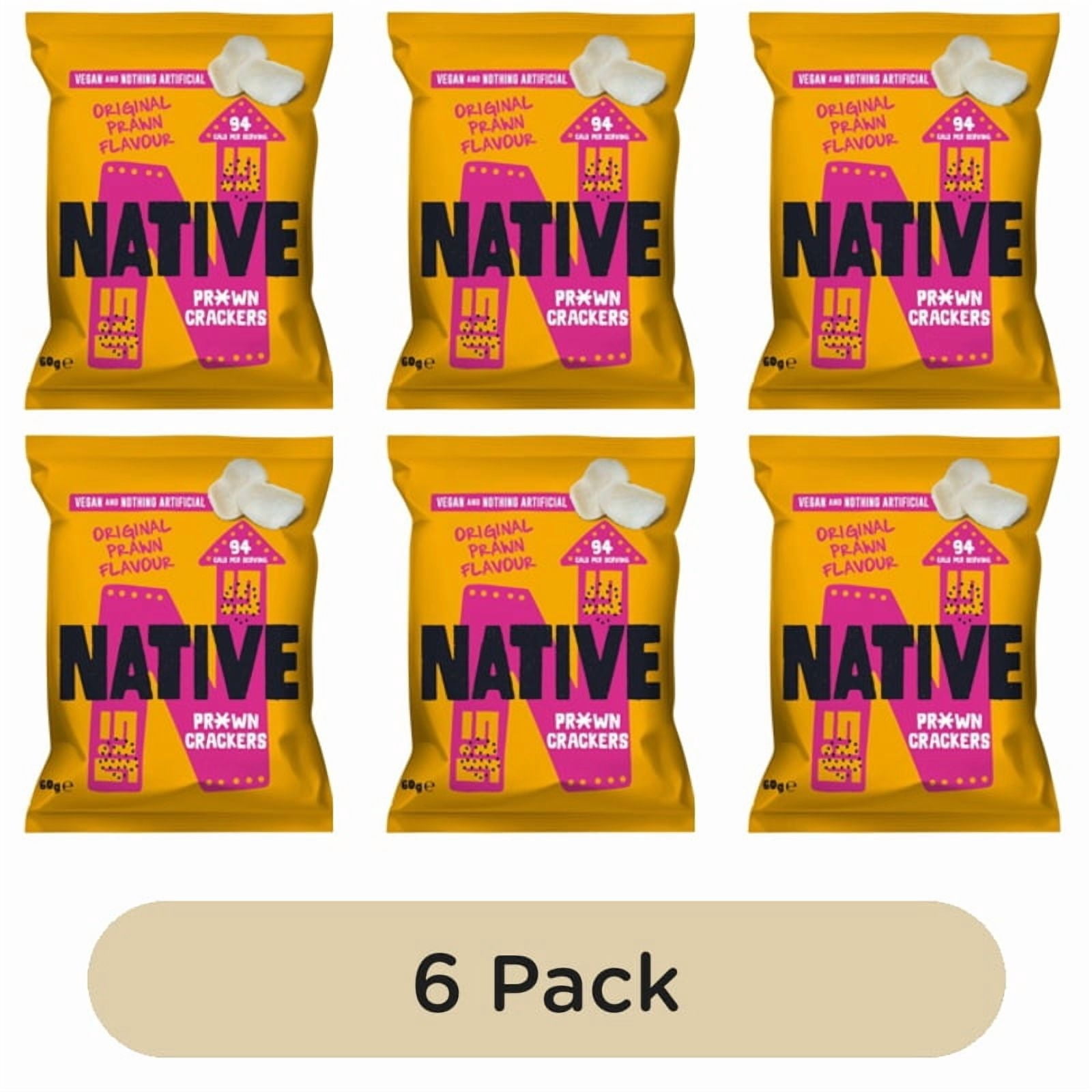 Native Vegan Prawn Crackers - Original Flavour Sharing Bag 60g, British Import (Pack of 6)