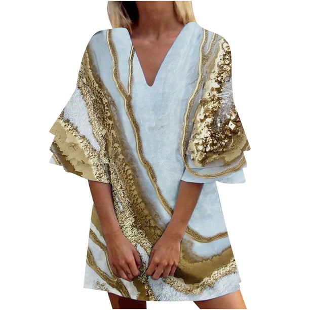 VISgogo Vestido de Manga 3/4 para Mujer con Estampado de Flores, Cuello en V Decoración de Volantes Ropa de Verano VISgogo moda
