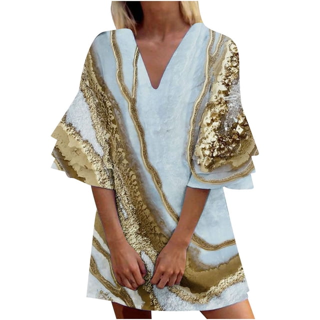 VISgogo Vestido de Manga 3/4 para Mujer con Estampado de Flores, Cuello en V Decoración de Volantes Ropa de Verano VISgogo moda