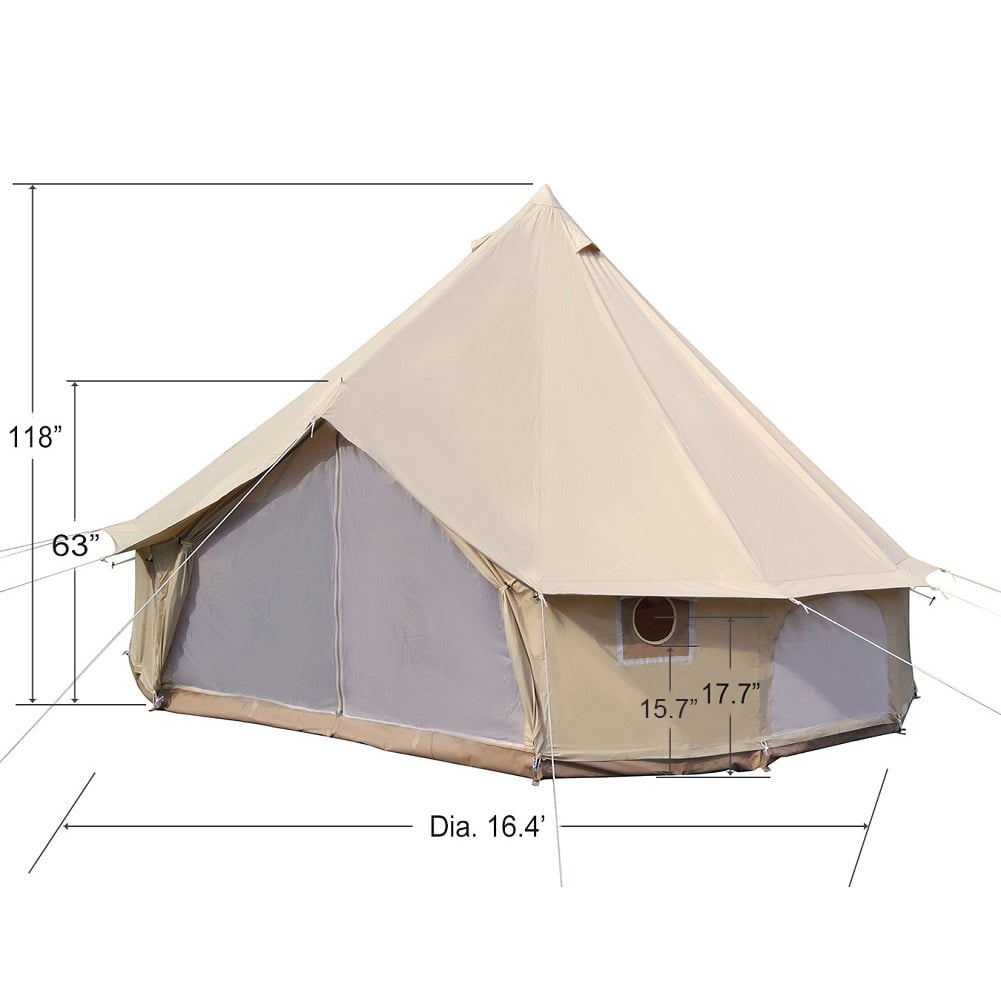 Latourreg Outdoor Glamping Waterproof Cotton Canvas 16.4ft(5M) Bell Tent with Side-Wall Stove Jack Glamping Yurt Tent with Mesh Screen Door and Windows