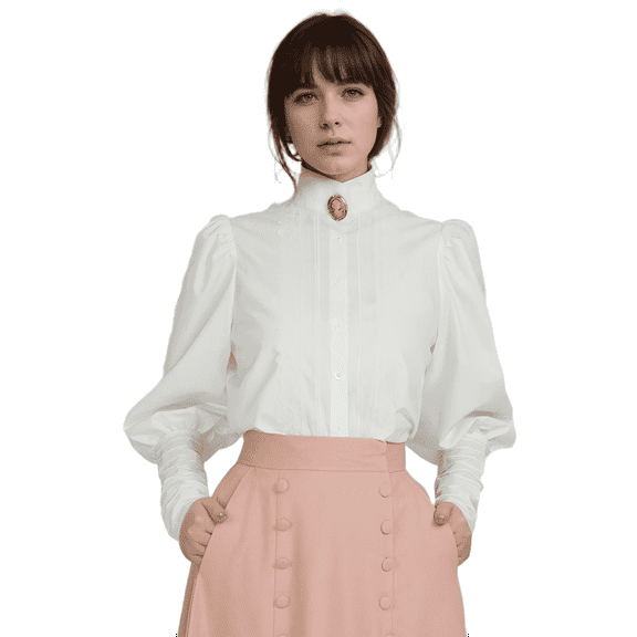 DAIZBELLA Medieval Style White Shirt for Women Victorian Blouse Puff Sleeve Ruffle Dressy Shirts, S