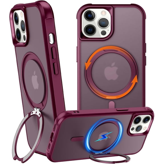 360° Rotatable Stand for iPhone 12 Pro Max Case with Magnetic [ Grade Drop Tested][Adjustable Kickstand] Ring Translucent Slim Hard Back Soft Edge, Wine Red