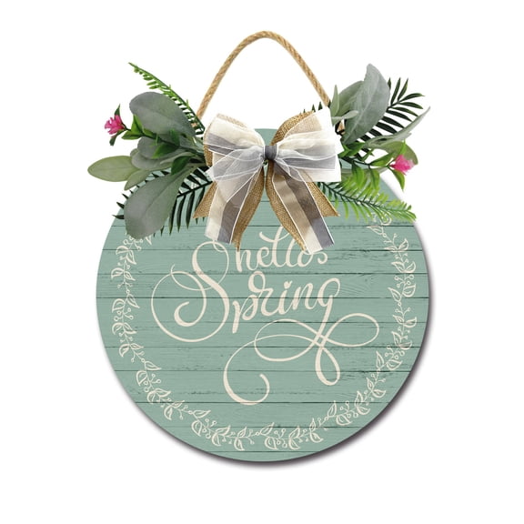 Hello Spring Front Door Sign Funny Wreaths Hanging Wooden Plaque Decoration Round Rustic Wood Farmhouse Porch Decor for Home Front Door Decor, 12 x 12 Inch