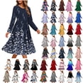 thumbnail image 7 of qucoqpe Women's Long Sleeve A-Line Dress Fashion Floral Print Loose Fit Crew Neck Pleated Floey Midi Shift Dresses, 7 of 7