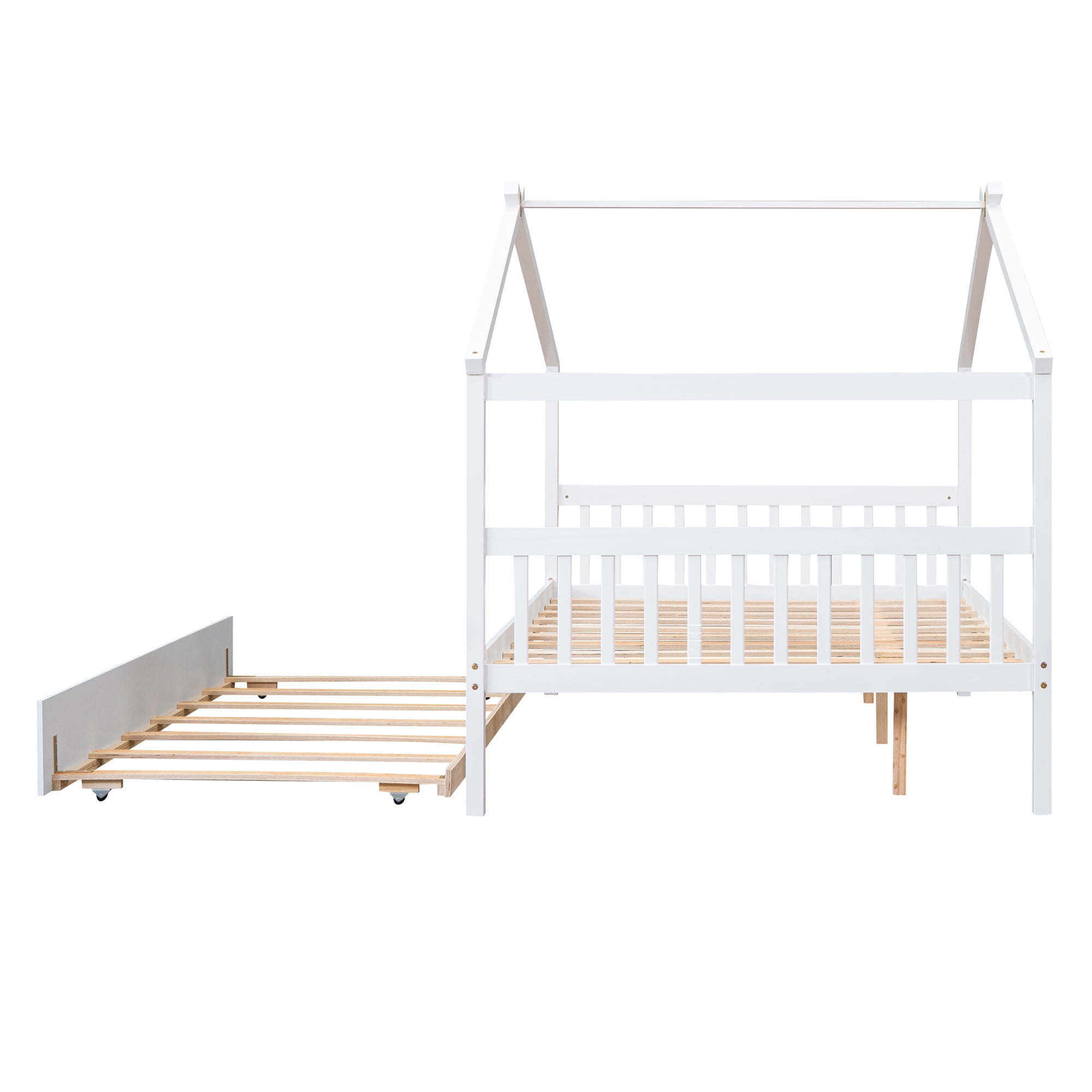 Bellemave Full Size House Bed with Trundle, Wood Platform Bed Frame with House Shape Roof for Teens (White)