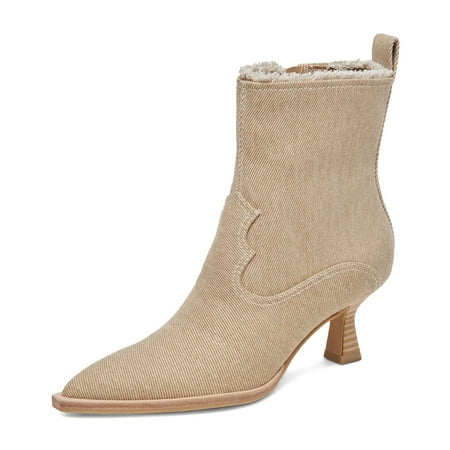XYD Women Pointed Closed Toe Side Zipper Denim Boots Kitten Low Heels Ankle Booties Dress Casual Party Shoes Size 14 Sesame