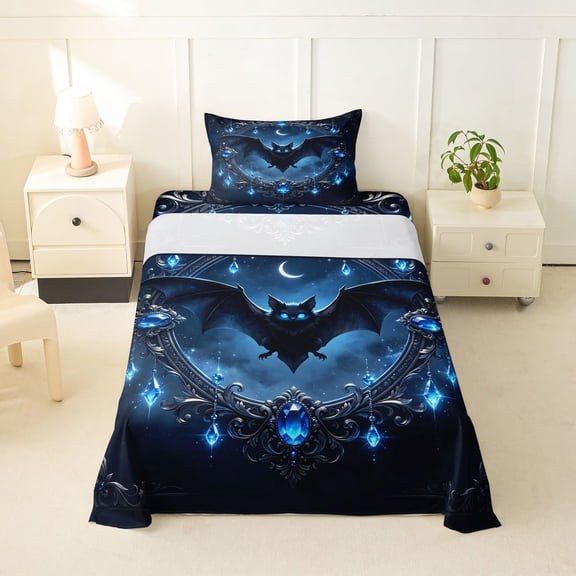 Manfei Black Bats Twin Sheets,Spooky Halloween Theme Bedding,Blue,3 Pieces,1 Fitted Sheet and 1 Pillowcase