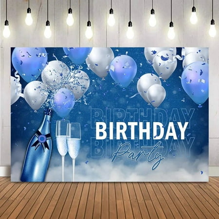 

Niebieskie tło zdjęcie urodzinowe szczęśliwy balony na przyjęcie urodzinowe dekoracja baner szampana i kielichy tło urodziny