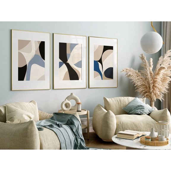 Abstract Wall Art Modern Gallery Wall Minimalist Bedroom Living Room Beige Black Blue Set 3 Unframed Paper Print 8x12