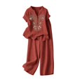 thumbnail image 4 of Womens 2 Piece Linen Suits Cute Summer Flowy Matching Suit Boho Flowy Embroidered Tops Wide Leg Pants Casual Sets, 4 of 6