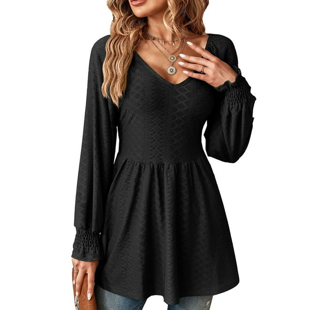 Blusas de mujer de manga larga, camisas de mujer de manga larga, blusas tipo jersey, blusas de mujer con cuello en V, elegantes, sencillas, de gran tamaño