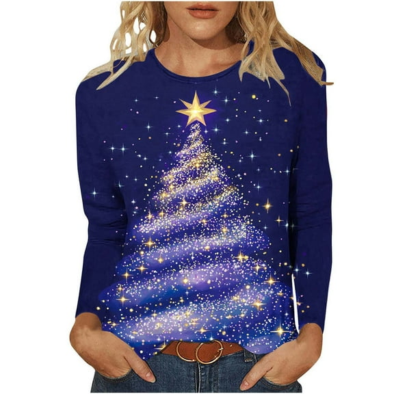 asdoklhq Christmas Womens Sweatshirt Women's Casual Christmas Print Round Neck Long Sleeve T-Shirt Loose Top Multicolor 5X