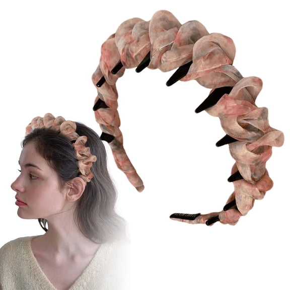 Ljudmp Ruched Chiffon High Cranium Headbands for Women Non Slip Zig Zag Sparkling Hairband Hair Hoop with Teeth Hair Accessories Pink