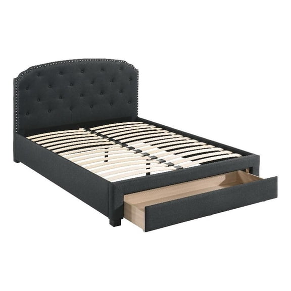 Mry King Size Bed- Charcoal Gray Upholstery- Footboard Storage Drawer
