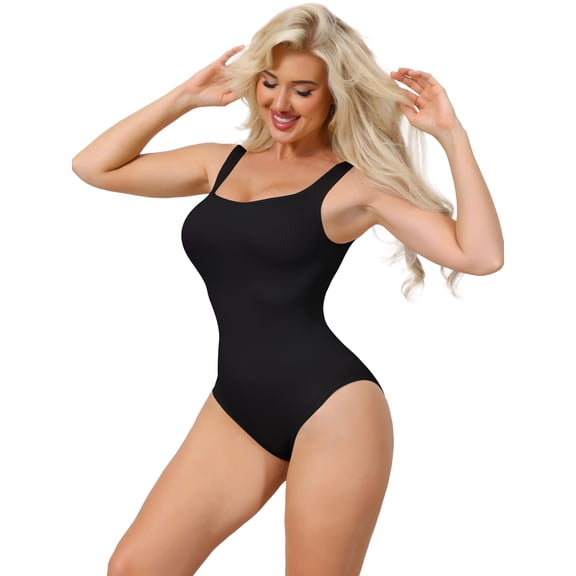 DARING DIVA Women's Ribbed Square Neck Thong Sleeveless Bodyshaper S Black