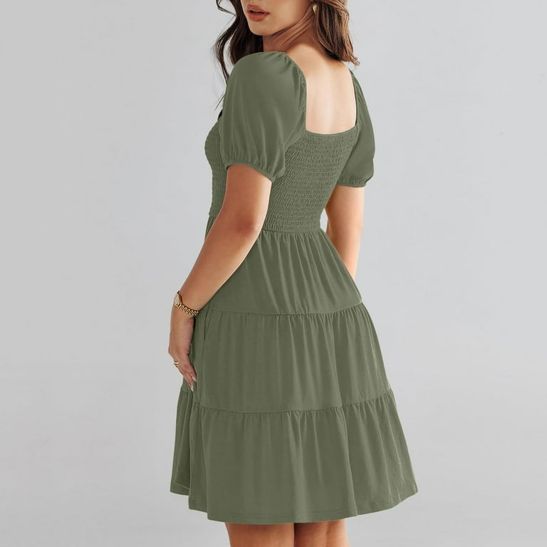 WEAIXIMIUNG Summer Dresses for Women 2024 Petite Sizes Women Summer Mini  Dresses Casual Square Neck Smocked Puff Sleeve Cute Short Dress L Green -  Walmart.com