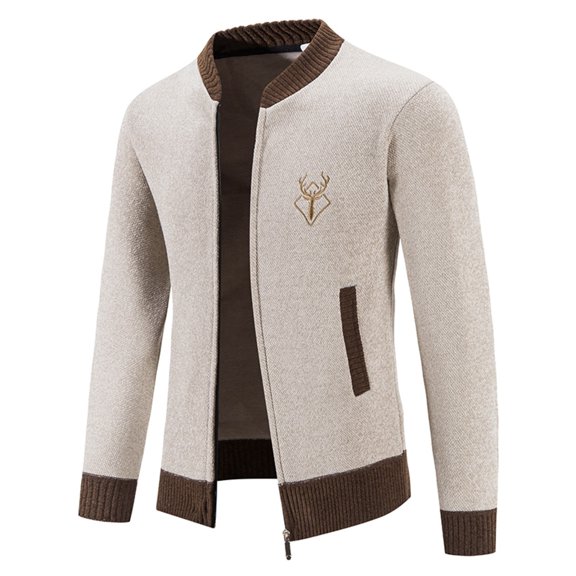 Tiweut Casual Mens Sweaters Male Fall and Winter Zip Stand Collar Long Sleeve Outdoor Knitted Wool Blouses Beige,4XL