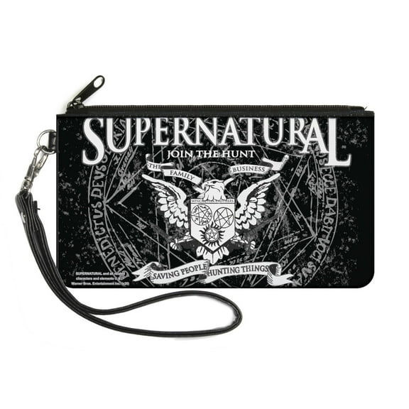 Supernatural Wallet, Zip Clutch, Supernatural Winchster Brothers Eagle Crest Black Gray White, Canvas