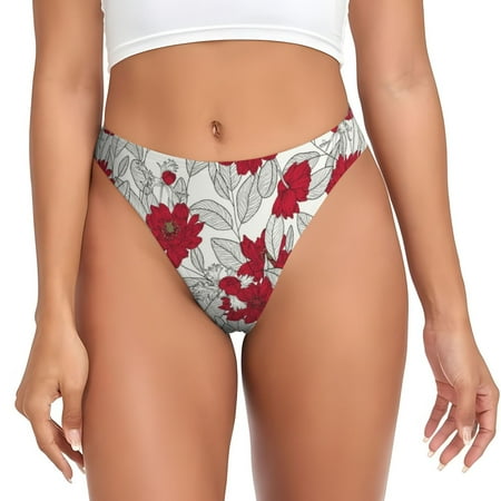 Sigee Leaves And Anemone Flowers In Red Grey for Women s G-String Panty  Low Rise  Soft Lace Perfect for Everyday Wear or Special Occasions-Medium