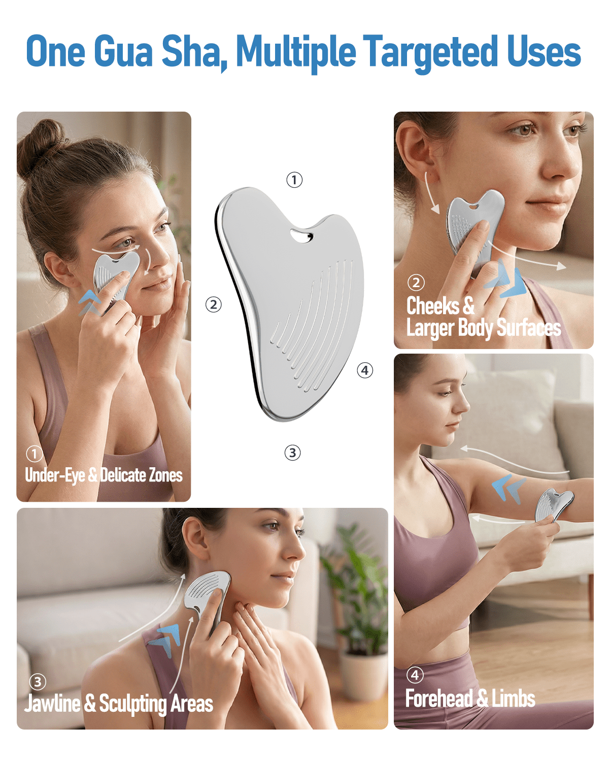 Yeamon Gua Sha Facial Tools & Massager Set, Stainless Steel Skin Care Tools for Face and Body, 3-in-1 Head Massage Combs & Roller fo Face Neck Body and Eye, Self Care Gift for Woman & Man