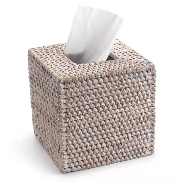 Funda para caja de pañuelos de ratán tejida a mano, mimbre, encalado, 14 x 14 x 14 cm