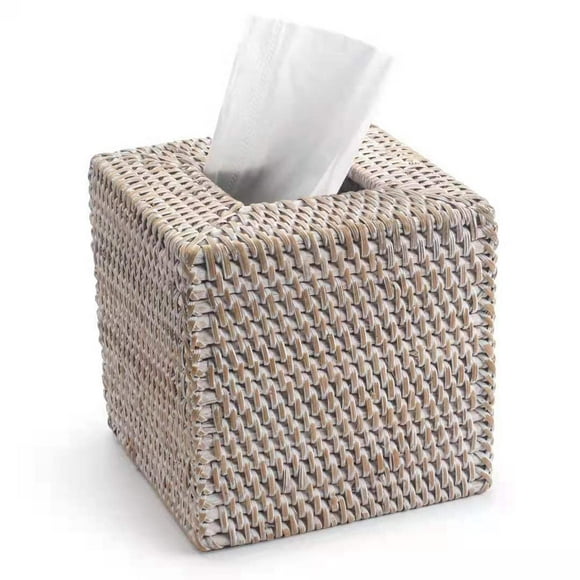 Funda para caja de pañuelos de ratán tejida a mano, mimbre, encalado, 14 x 14 x 14 cm