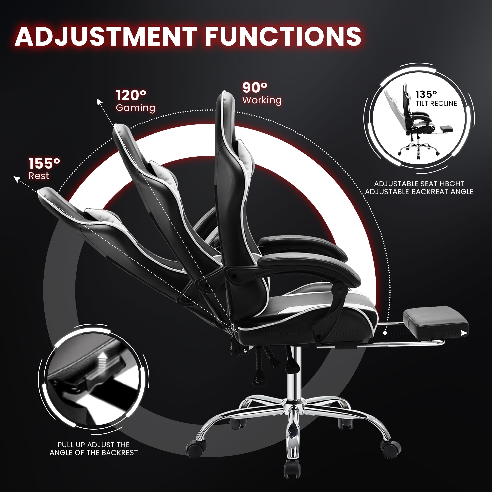 JONPONY Big and Tall Gaming Chair, Ergonomic Design, Gamer Chair PU Leather with Footrest and Lumbar Support, High Back Office Chair Support 8 Hours Long Sitting, Computer Chair,Black White