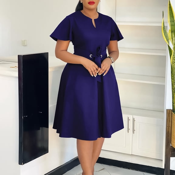 AURA Womens V Neck A Line Midi Dress Tie Strap Detail Short Sleeve High Waist Elegant Summer Work Dress with Zipper