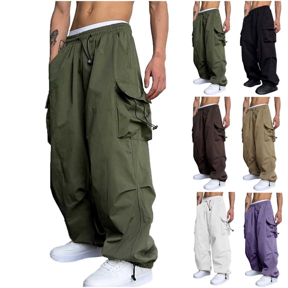 Lovzfmll Men's Cargo Pants, High Waist Work Trousers with Drawstring Waist & Pockets, Straight-Leg Full Length Casual Loose Pants