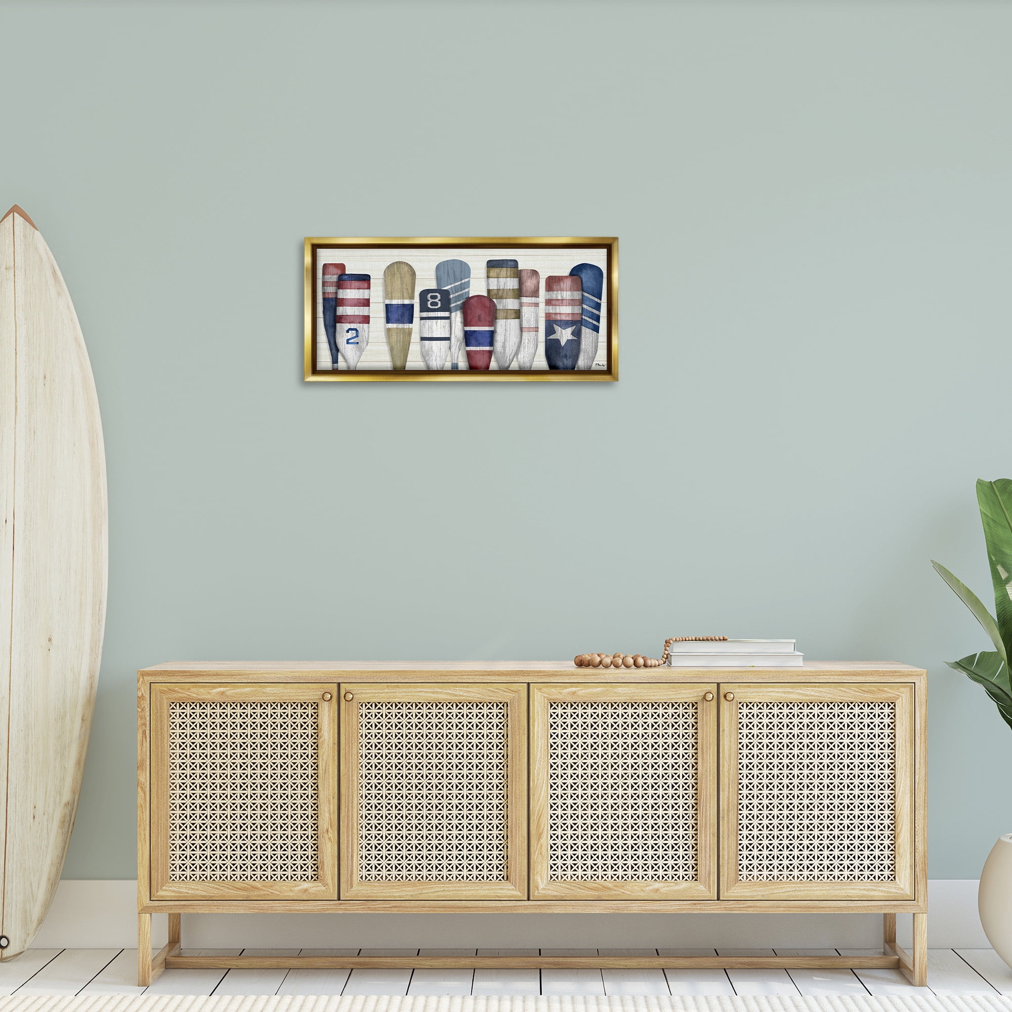Stupell Industries Port Oars Vintage Americana Patterns Nature Painting Gold Floater Framed Canvas Art Print Wall Art, 31 x 14