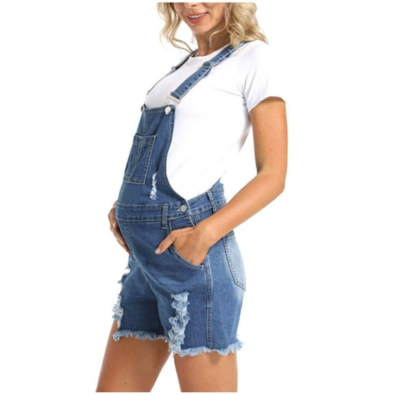 Maternity Overalls Romper Shorts Ripped Hem Adjustable Straps Pregnant Denim Bib Overall Shorts with Pockets Blue XL