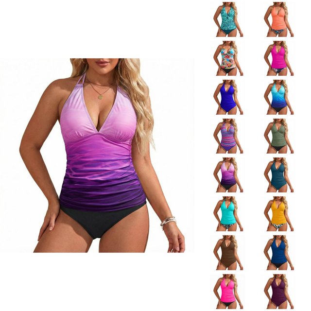 Womens Swimsuits Tankini Fashion Deep V Neck Slimming Tummy Control with High Waisted Bottom Two Piece Bathing Suits Woman