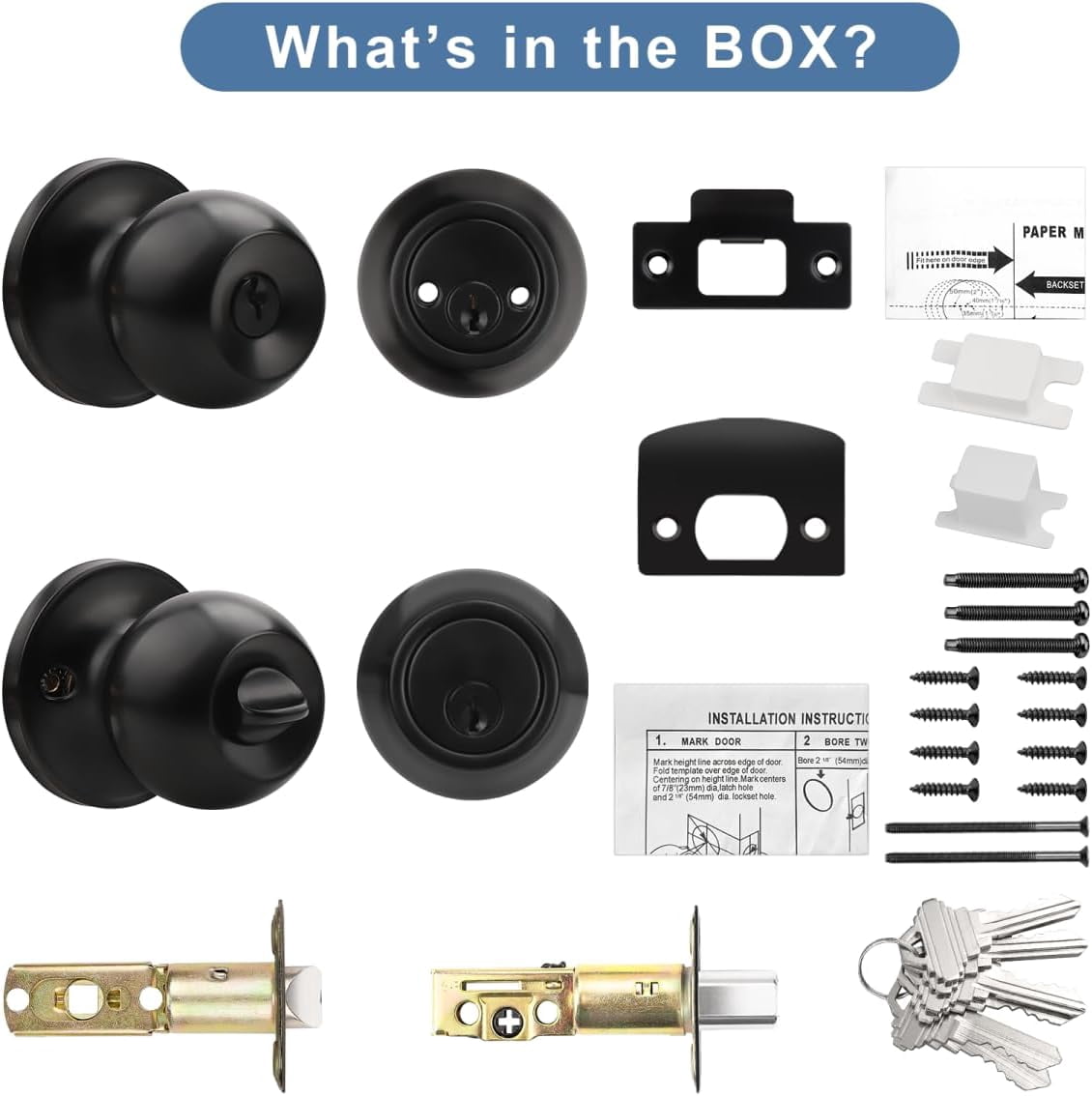 Entry Door Knobs and Double Cylinder Deadbolt, Keyed Alike Door Handle Set with Same Keys, Combo Pack for Front Doors-Keyed on Both Side, Matte Black Finish, Contractor Pack of 2 Set