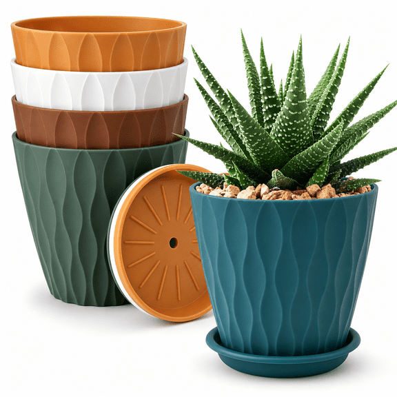 6 Inch Multicolor 5 Pack Indoor Outdoor Planters With Drainage Holes And Trays