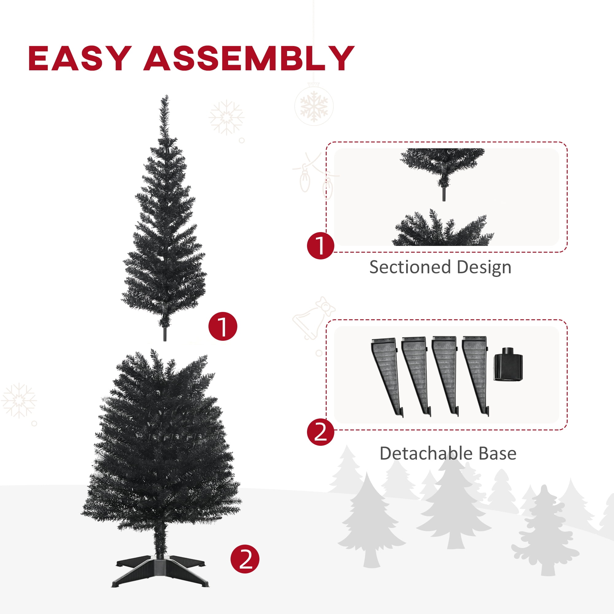 5FT Black Slim Pencil Artificial Christmas Tree, 294 Plastic Branch Tips, Detachable Sturdy Plastic Base, Easy Storage, Indoor Holiday Decor