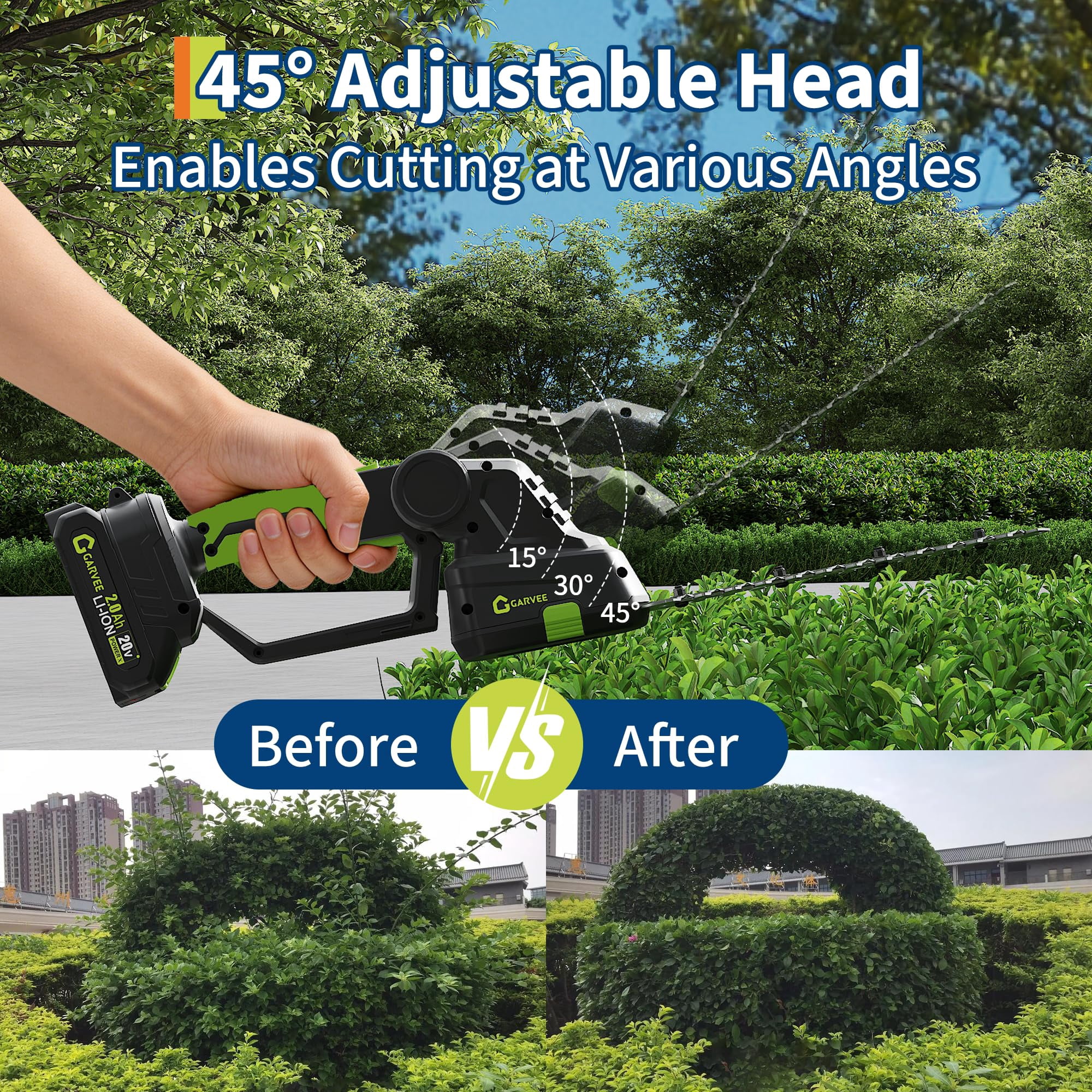 Cordless Hedge Trimmer, 2-in-1 Electric Hedge Trimmer, 20V 2.0Ah Grass Shears and Hedges Trimmers, with 2 Battery and Charger, Usage Time Can Last Up to 120 Minutes, for Gardens, Yards and Lawns
