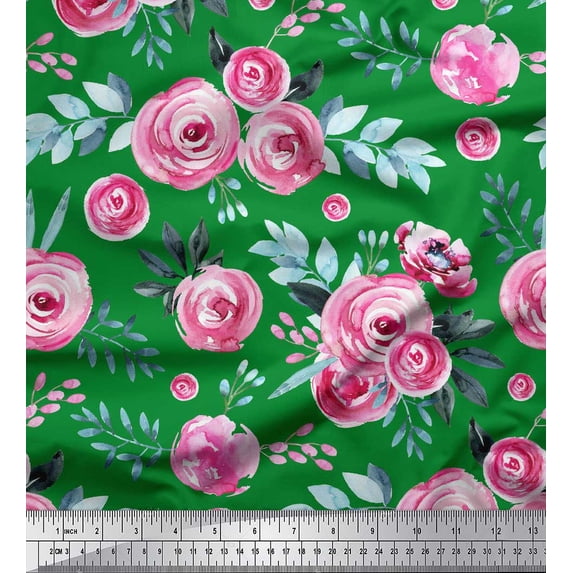 Soimoi Green Silk Fabric Leaves & Ranunculus Floral Fabric Prints By Yard 42 Inch Wide
