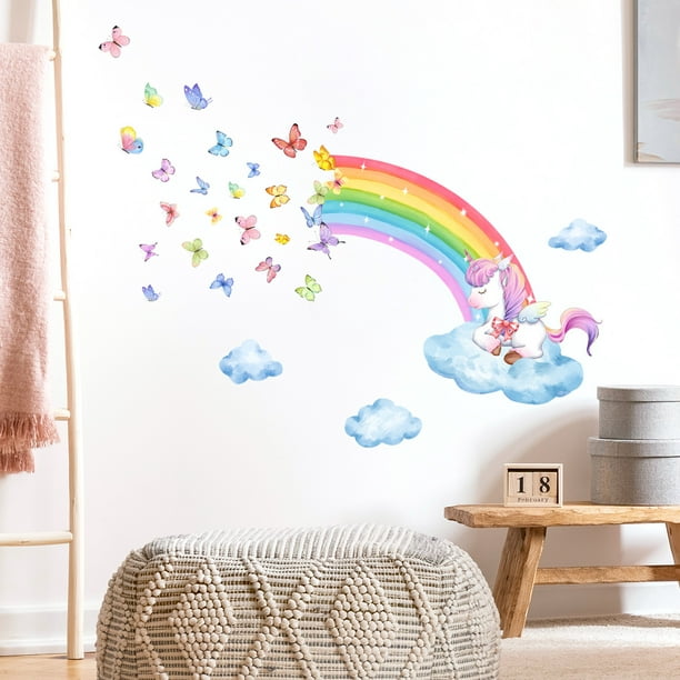 Jinsinto Rainbow unicorn wall sticker butterflies wall sticker girl wall  sticker baby room bedroom kids room wall decoration，60*30cm 