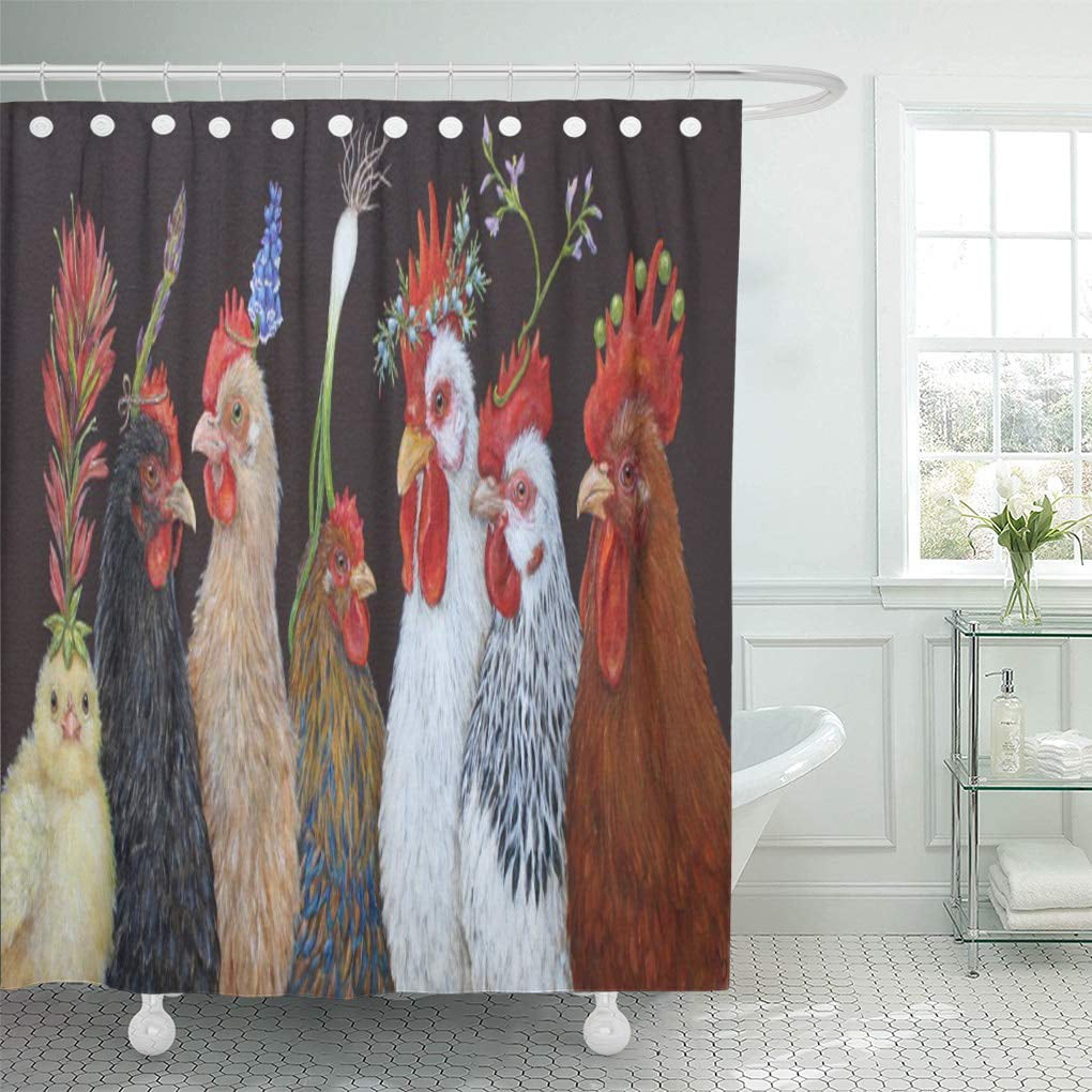 Watercolor Painting Farm Animal Rooster Flower Shower Curtain Set Bathroom Decor 